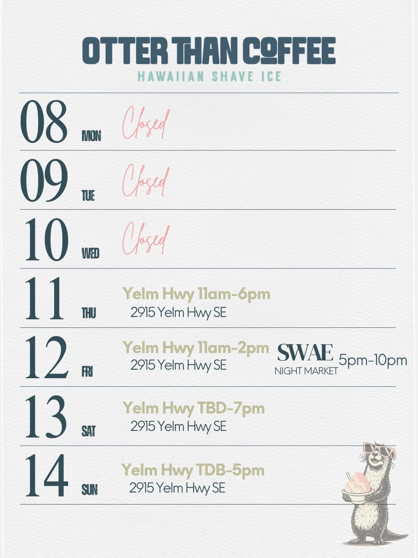 A little different schedule this week as we squeeze in as much shave ice as possible between softball tournaments!🥎🍧

📍 Yelm Hwy Location
&bull; Thursday: 11am&ndash;6pm
&bull; Friday: 11am&ndash;2pm (SWAE 5pm-10pm)
&bull; Saturday: Opening time T