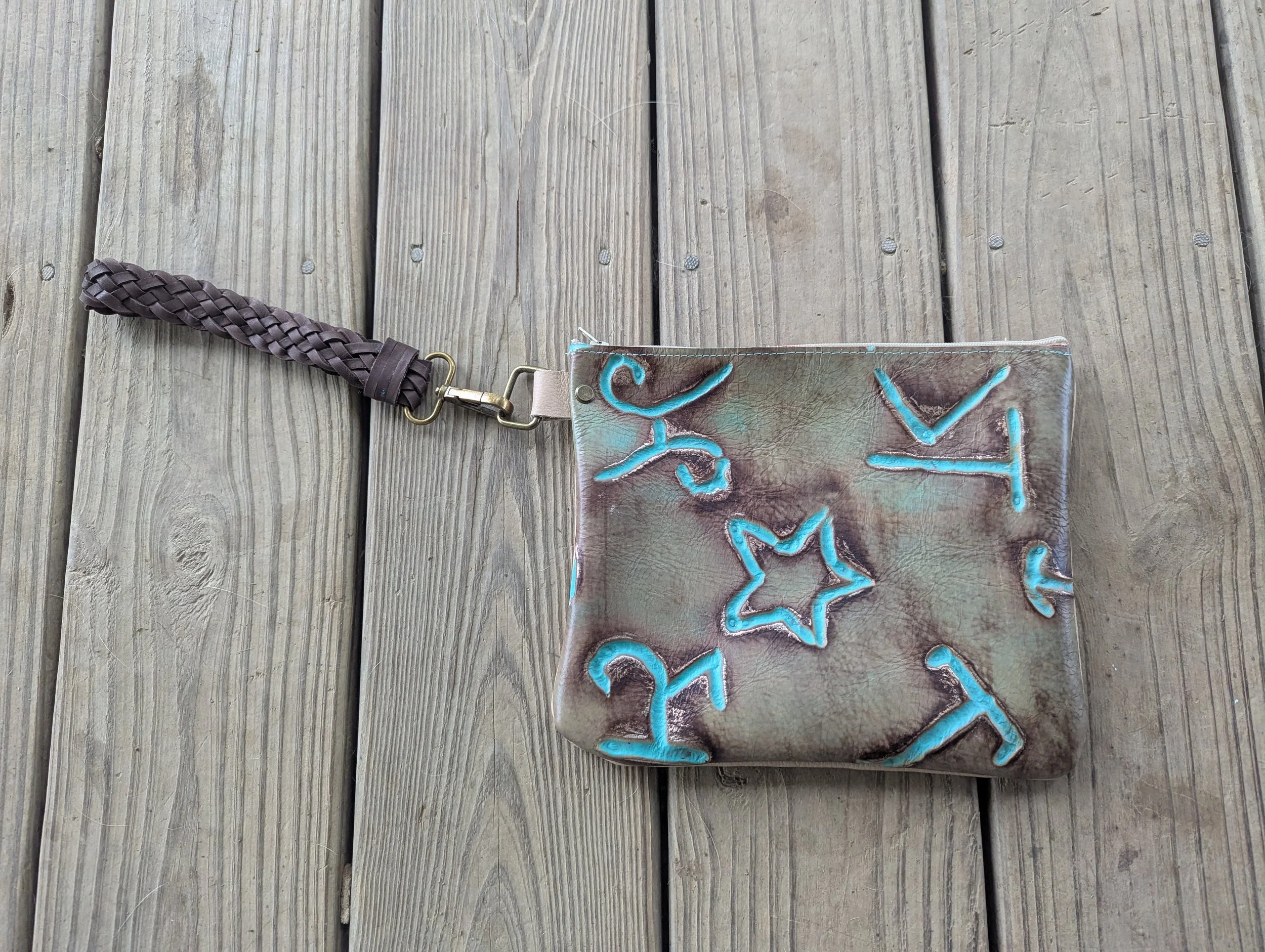 Turquoise Branded Leather Wristlet