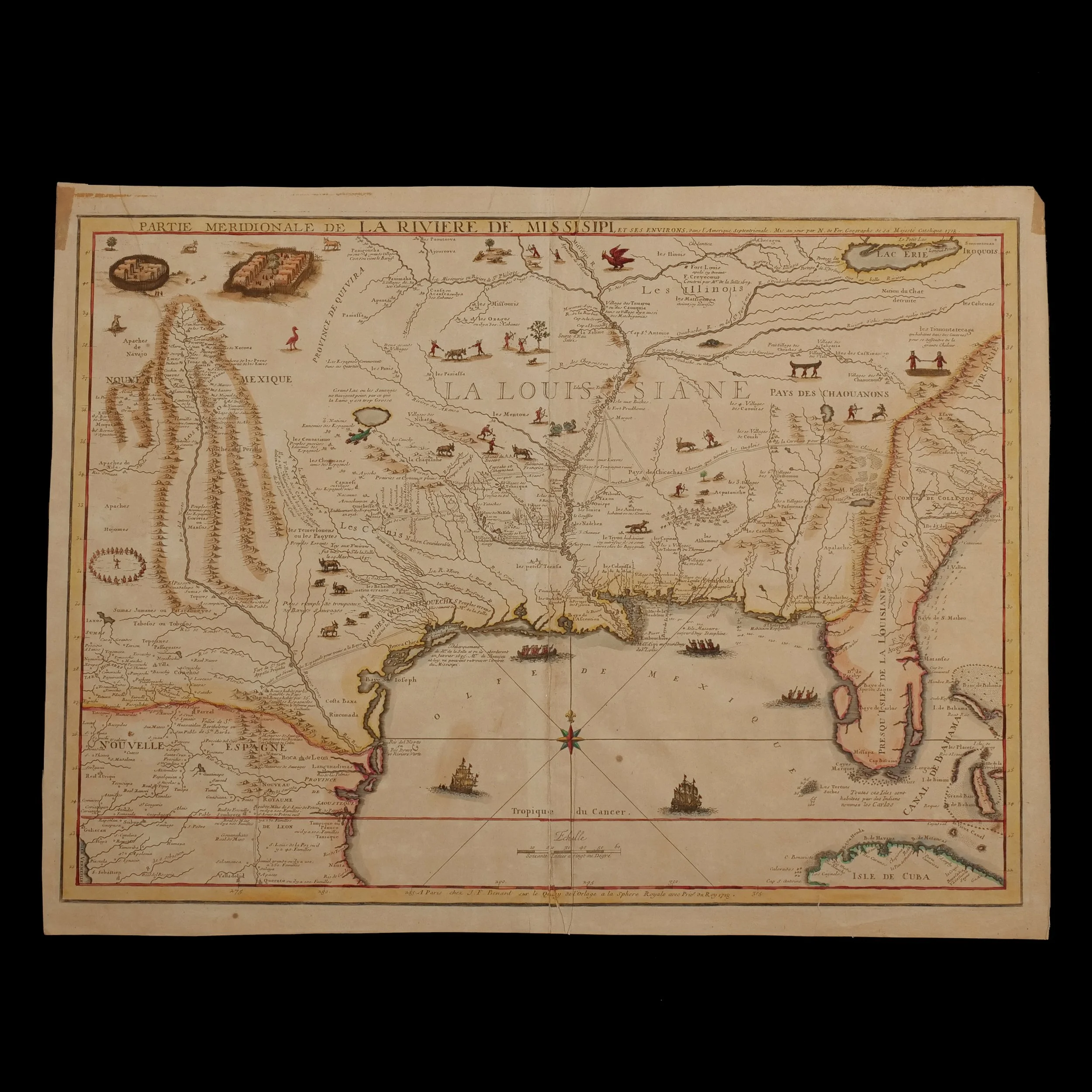 1718 MAP of the MISSISSIPPI RIVER VALLEY 
Fer, Nicholas de (1646-1720). Partie Meridionale de La Riviere de Missisipi, et ses Environs, dans l'Amerique Septentrionale. Paris: J.F. Bernard, 1718. Engraved map with hand coloring. 
Est: $5,000-7,000