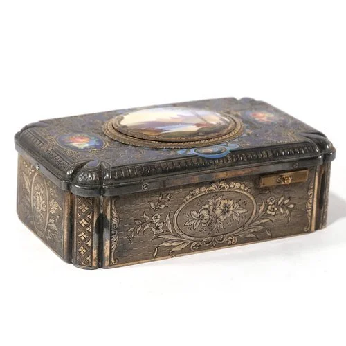 19th C. CHASED SILVER & ENAMELED SINGING BIRD BOX 
Swiss origin, purchased at Parke-Bernet Galleries in 1953 
Sold in July 2021 
 Hammer: $27,000