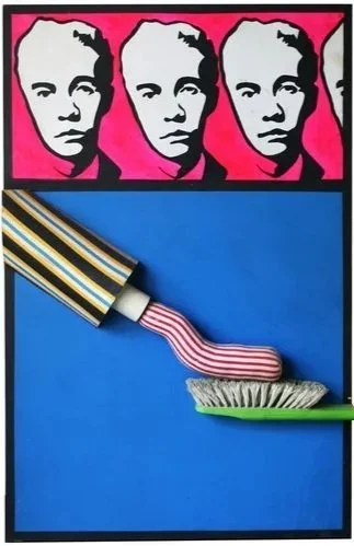 Pop art portraits of a woman's face in black and pink, with a cleaning tool that has a striped handle and a brush head, set against a blue background.