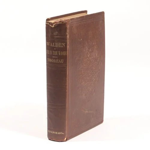 FIRST EDITION of THOREAU'S WALDEN WITH AUTOGRAPH 
"Walden; or, Life in the Woods. By Henry D. Thoreau, ...Boston: Ticknor and Fields, 1854," first edition, lithographic map facing page 307, 8 pages of publisher's ads inserted between end papers dated