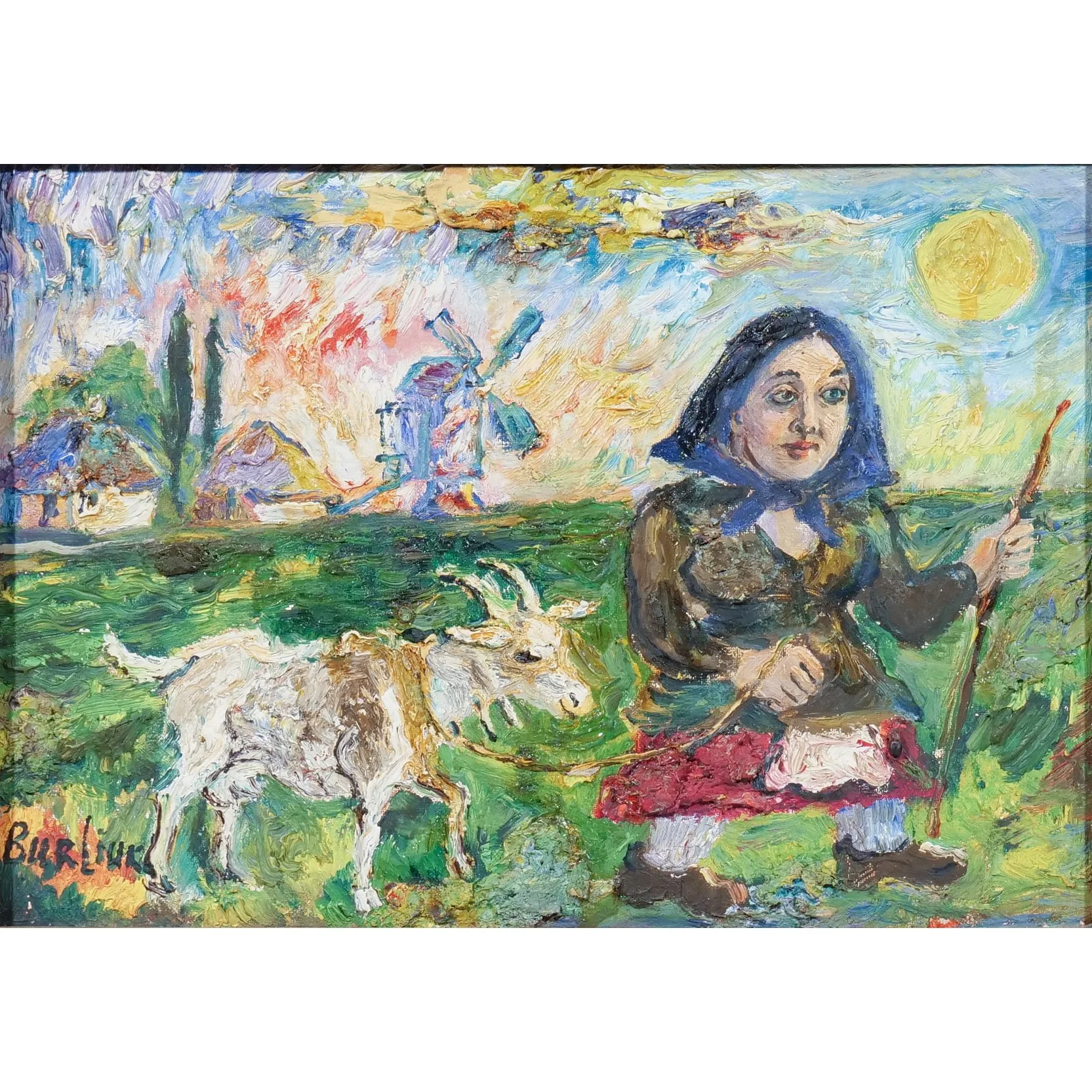 DAVID BURLIUK (Ukrainian/American, 1882-1967) 
 Girl with a Goat  
10 x 14 in. 
Oil on canvas board, signed lower left
Est: $15,000-25,000