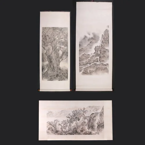 Zeng Xiaojun (Chinese, b. 1954), three scroll paintings, sold in March 2016 
 Hammer: $36,000
