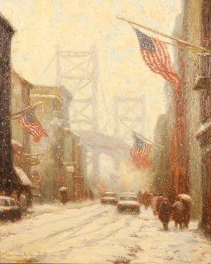 LAURENCE A. CAMPBELL (American, b. 1939) 
Philadelphia, PA; snowy scene with figures and automobiles on a street lined with American flags before a view of the Ben Franklin Bridge; signed lower left; titled and signed on stretcher board 
oil on canva