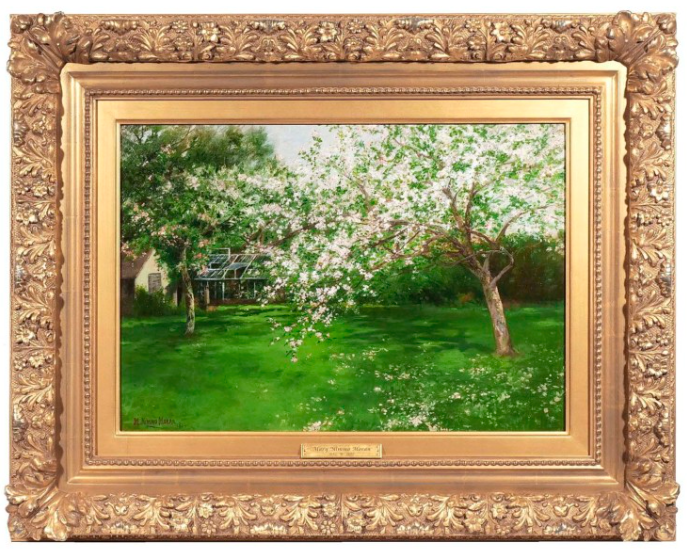 Painting of a blossoming tree in a green yard, with a house in the background, in an ornate gold frame.