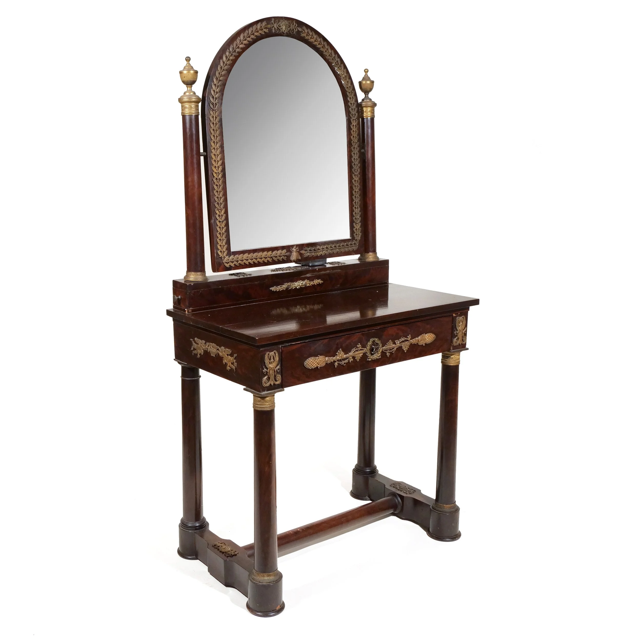 NAPOLEON III CLASSICAL MAHOGANY DRESSING TABLE 
Of small size, having exceptionally chased ormolu mounts including Bumble Bee 
$4,000-6,000