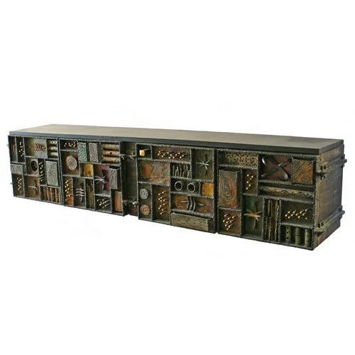 Paul Evans wrought-iron and enamel console cabinet, c. 1973, sculptured and enameled iron, 7' 4", sold in April 2013 
 Hammer: $120,000