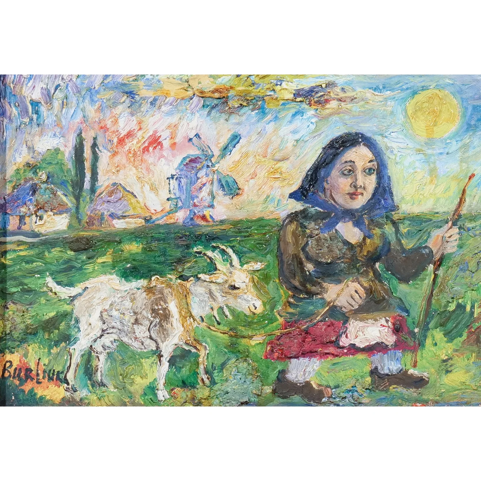 DAVID BURLIUK (Ukrainian/American, 1882-1967) 
 Girl with a Goat  
10 x 14 in. 
Oil on canvas board, signed lower left
Est: $15,000-25,000