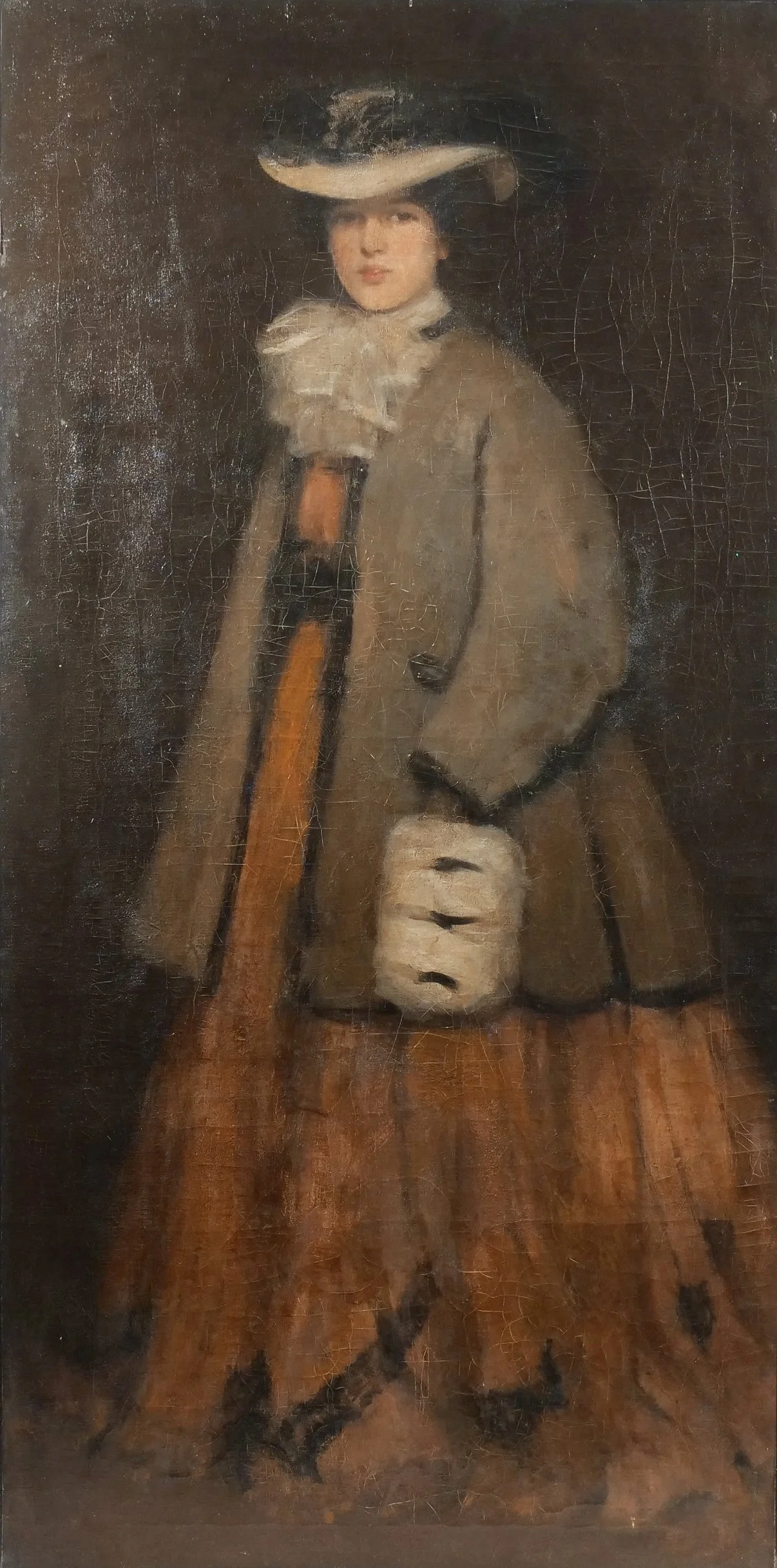 (Attrib.) BESSIE MacNICOL (Scottish, 1869-1904) 
 Portrait of a Woman  
71-1/2 x 36 in.; oil on canvas 
Est: $10,000-15,000
