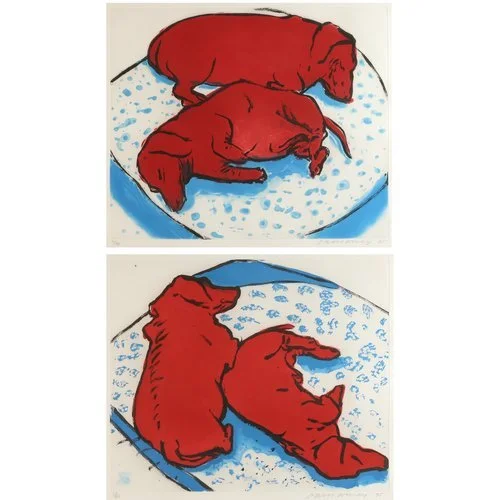(2pc) DAVID HOCKNEY (British, 1937-) 
 Stanley & Boodgie  and  Stanley & Boodgie II , 1995 
two colored etchings with aquatint 
Sold in November 2017 
 Hammer: $18,000
