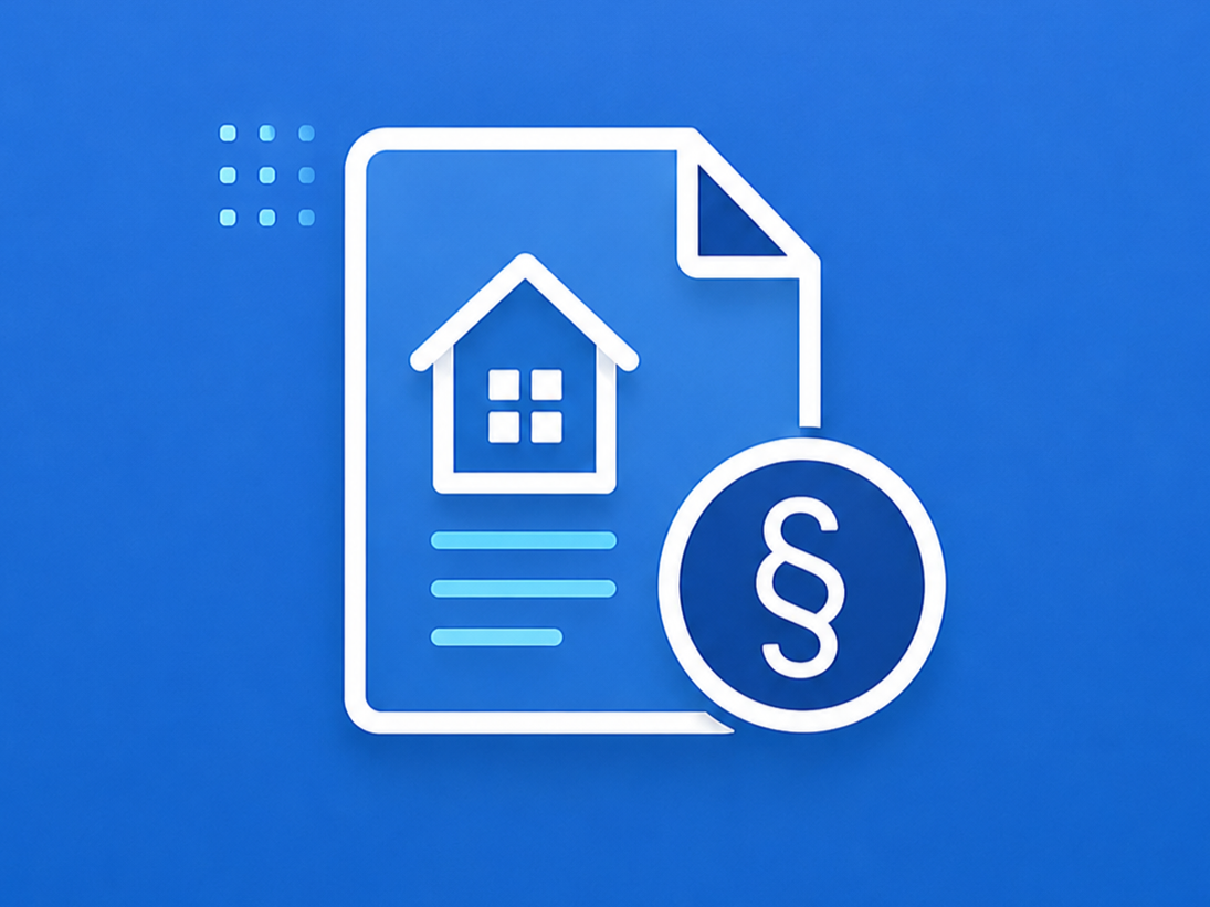 Grafik, die ein Haus und ein Dokument mit Paragraphenzeichen zeigt, symbolisiert Immobilienrecht oder Mietrecht.