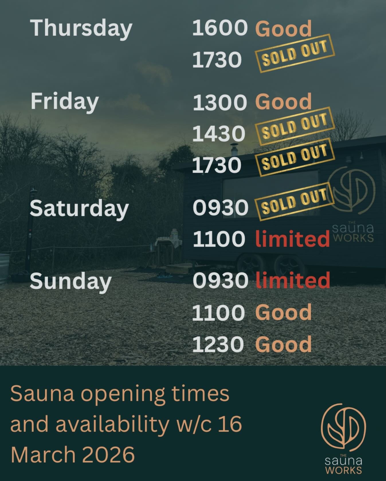 Availability this week. April dates also about to be released with some new days and some new sauna styles including a second men&rsquo;s sauna group and a silent sauna!!

We also have the last 3 spots remaining for the amazing rituals with @zenden.h