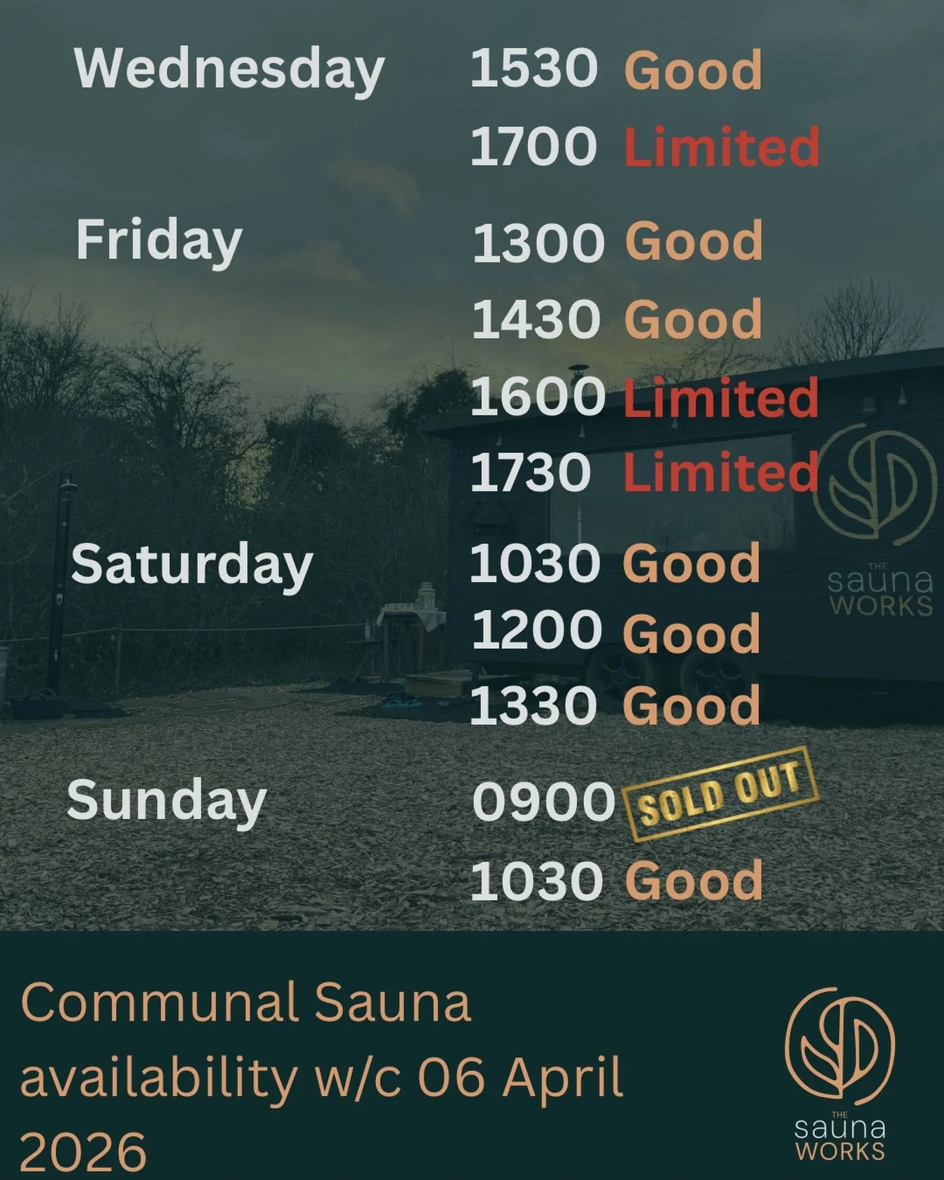 Availability this week. We also have private bookings, the last spot for @zenden.holistic amazing sauna ritual on Saturday and our second men&rsquo;s sauna at 6.30pm on Wednesday 8th. See link in bio to book. 

#sauna
#winchester
#hampshire
#thethird