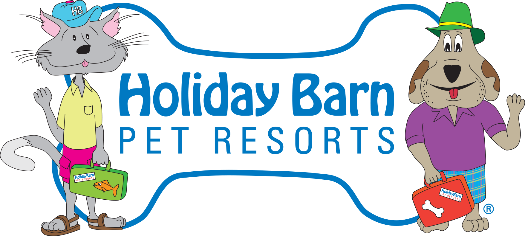 Logo for Holiday Barn Pet Resorts featuring a cartoon cat in a yellow shirt and pink shorts holding a green pet travel case with an orange fish, and a cartoon dog in a purple shirt and plaid shorts holding a red pet travel case with a bone. Both characters smile and wave, with the text 'Holiday Barn Pet Resorts' in the center.