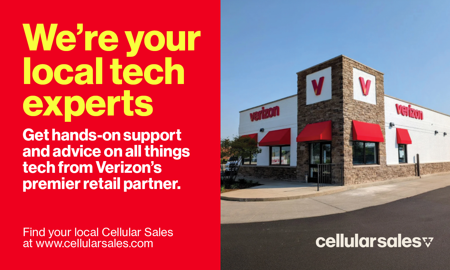 Garage-style Verizon store building with red awnings and Verizon logo, next to an advertisement with red background and yellow text promoting Verizon tech support and sales.