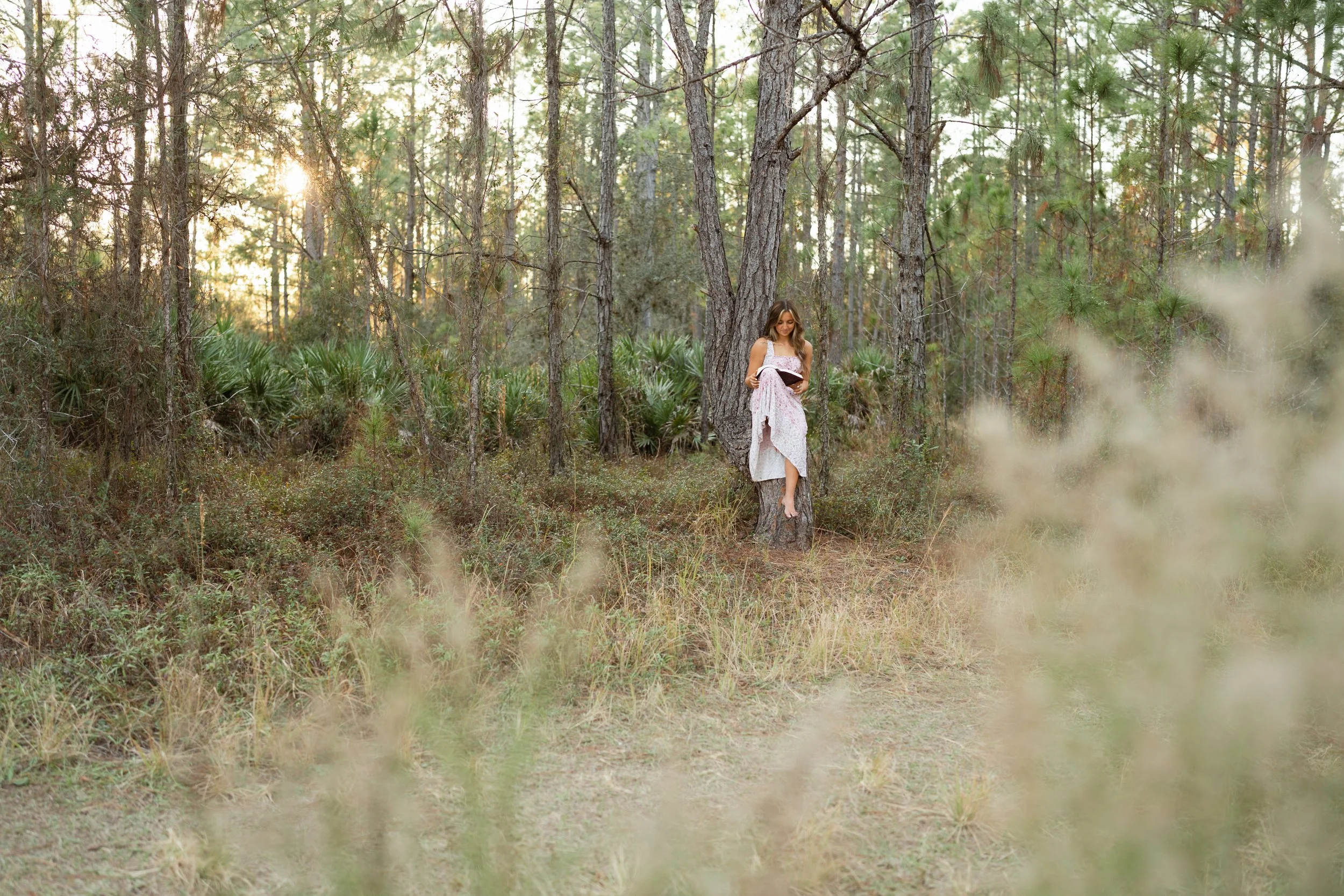A woman in a white dress leaning against a tree reading a book in a forest during sunset.
