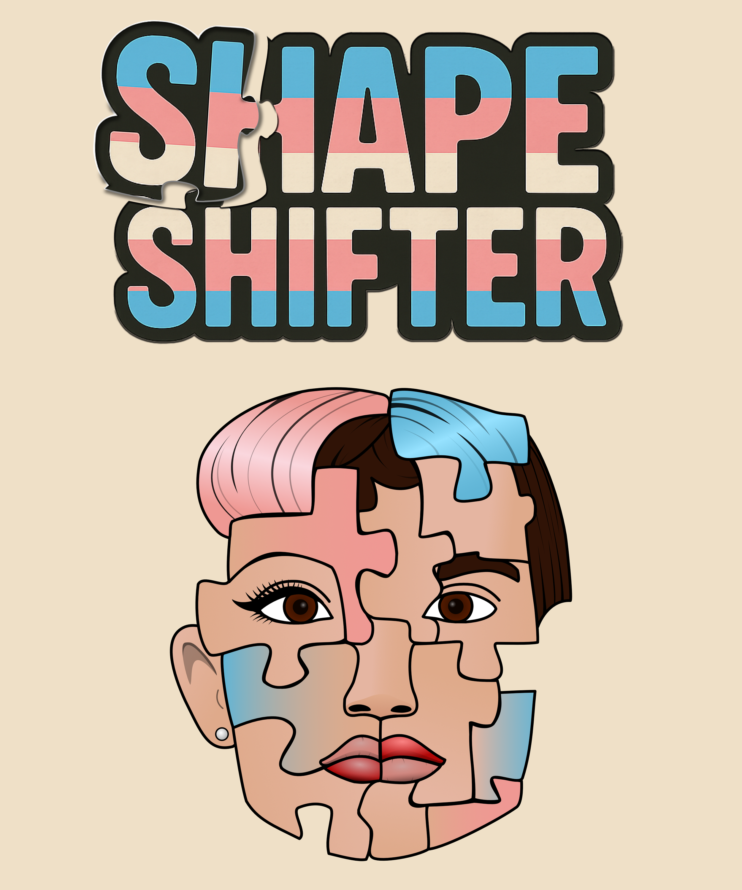 A human face composed of interlocking puzzle pieces, each featuring different facial characteristics that blend various forms of gender expression with the words "shape shifter" above the face