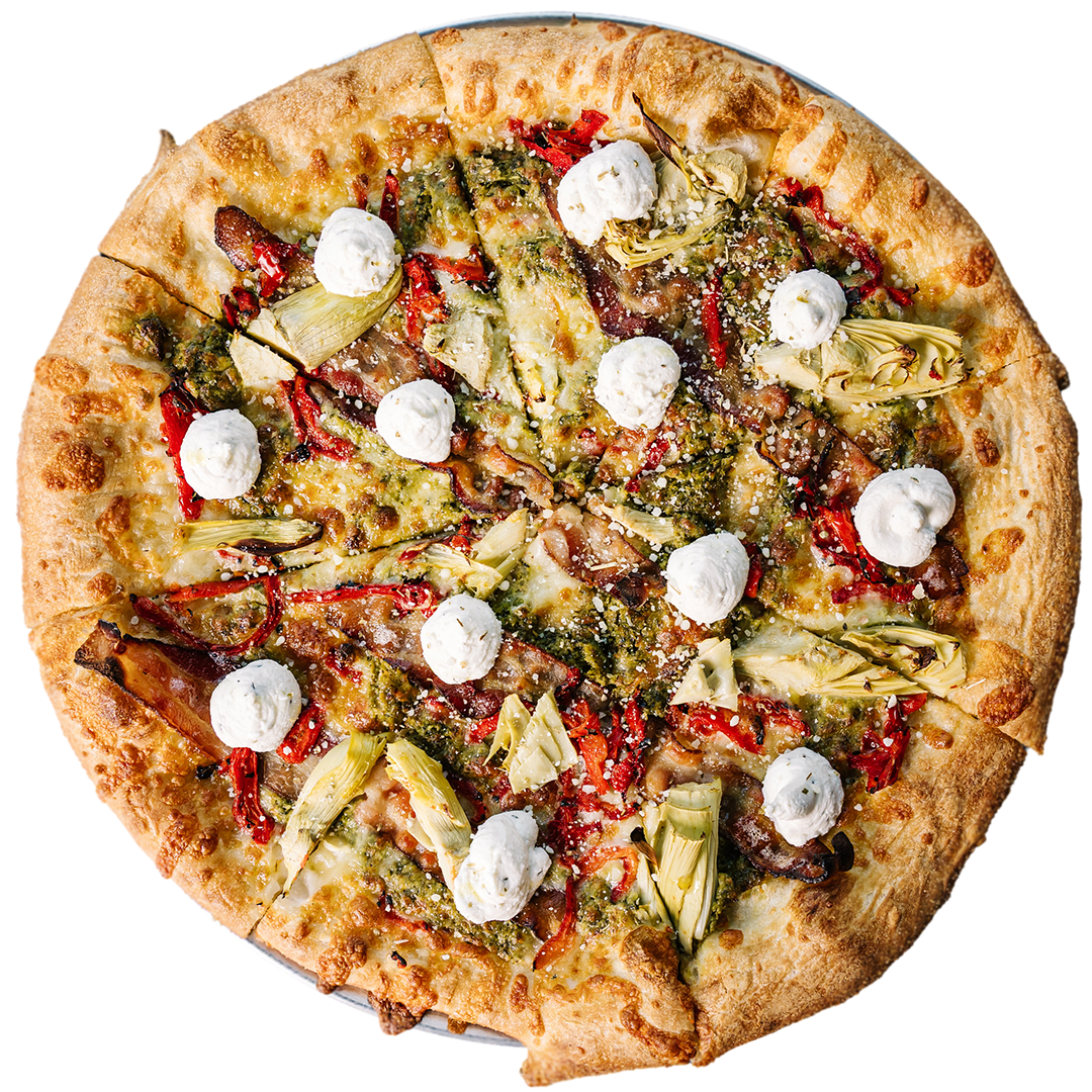 PRESTO PIE: Basil pesto, roasted red peppers, bacon, mozzarella, herb ricotta, artichoke hearts, parmesan, pecorino