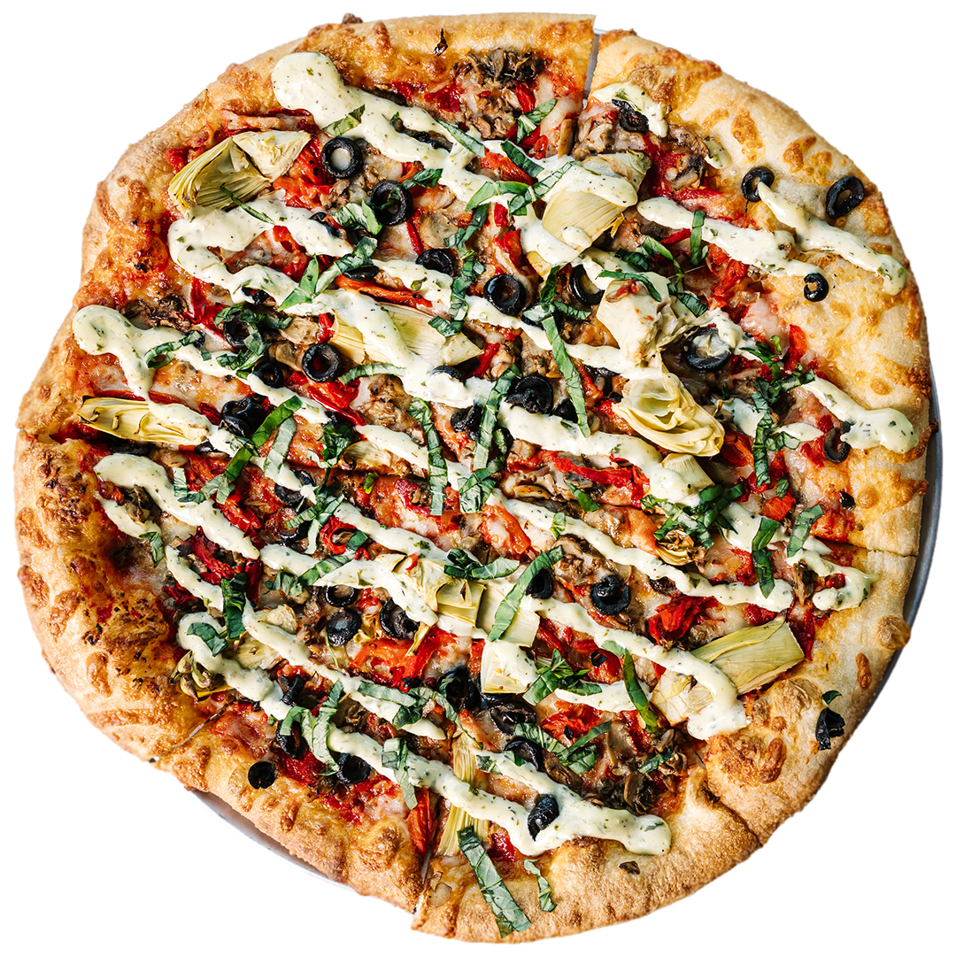 SOPHISTICATION: Roasted mushrooms, red peppers, artichoke hearts, olives, mozzarella, and basil aioli
