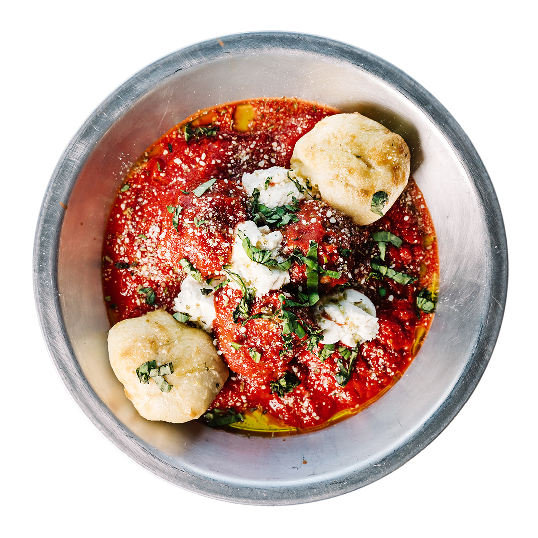 MEATBALL PLATE: Huge meatballs with ricotta dollops, garlic oil, fresh basil, and two buttered knots