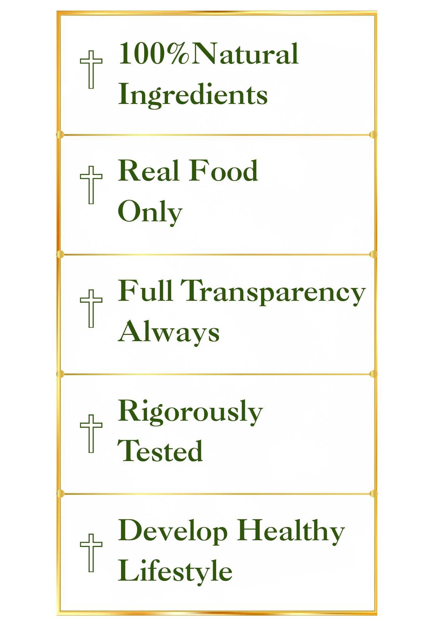 A sign emphasizing natural, healthy lifestyle and spiritual values, featuring green text on a white background with yellow borders and small crosses.