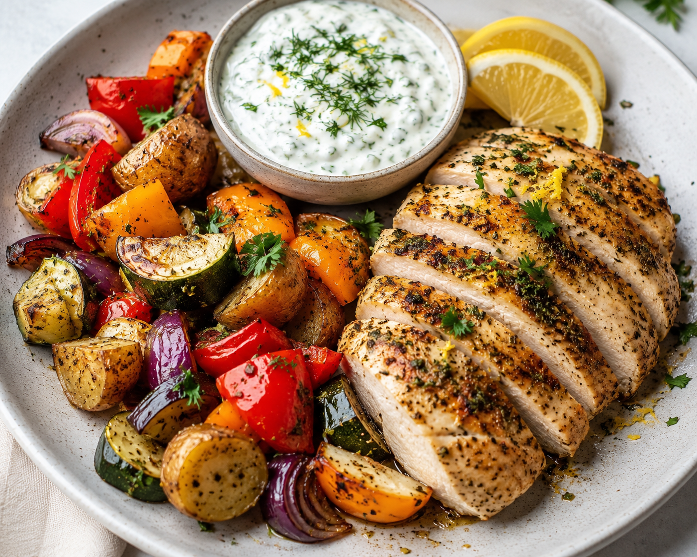 Lemon Herb Chicken with Roasted Vegetable &amp; Yogurt Sauce