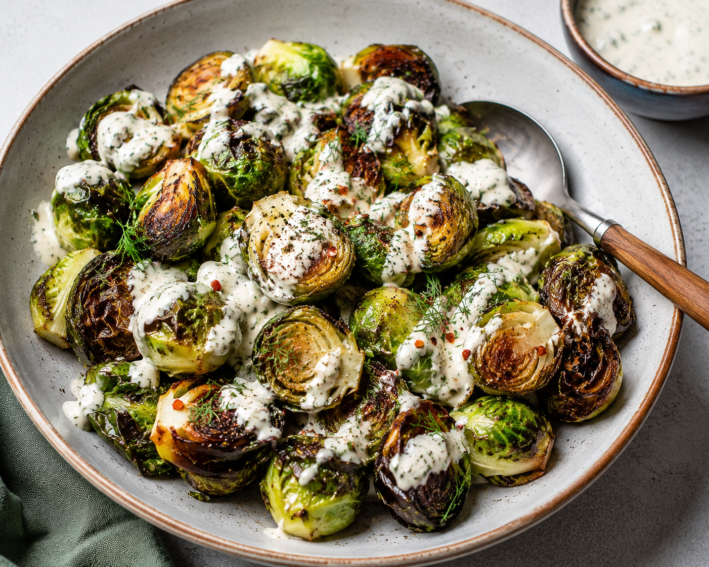 Gut-Healthy Roasted Brussels Sprouts with Garlic Yogurt Dressing