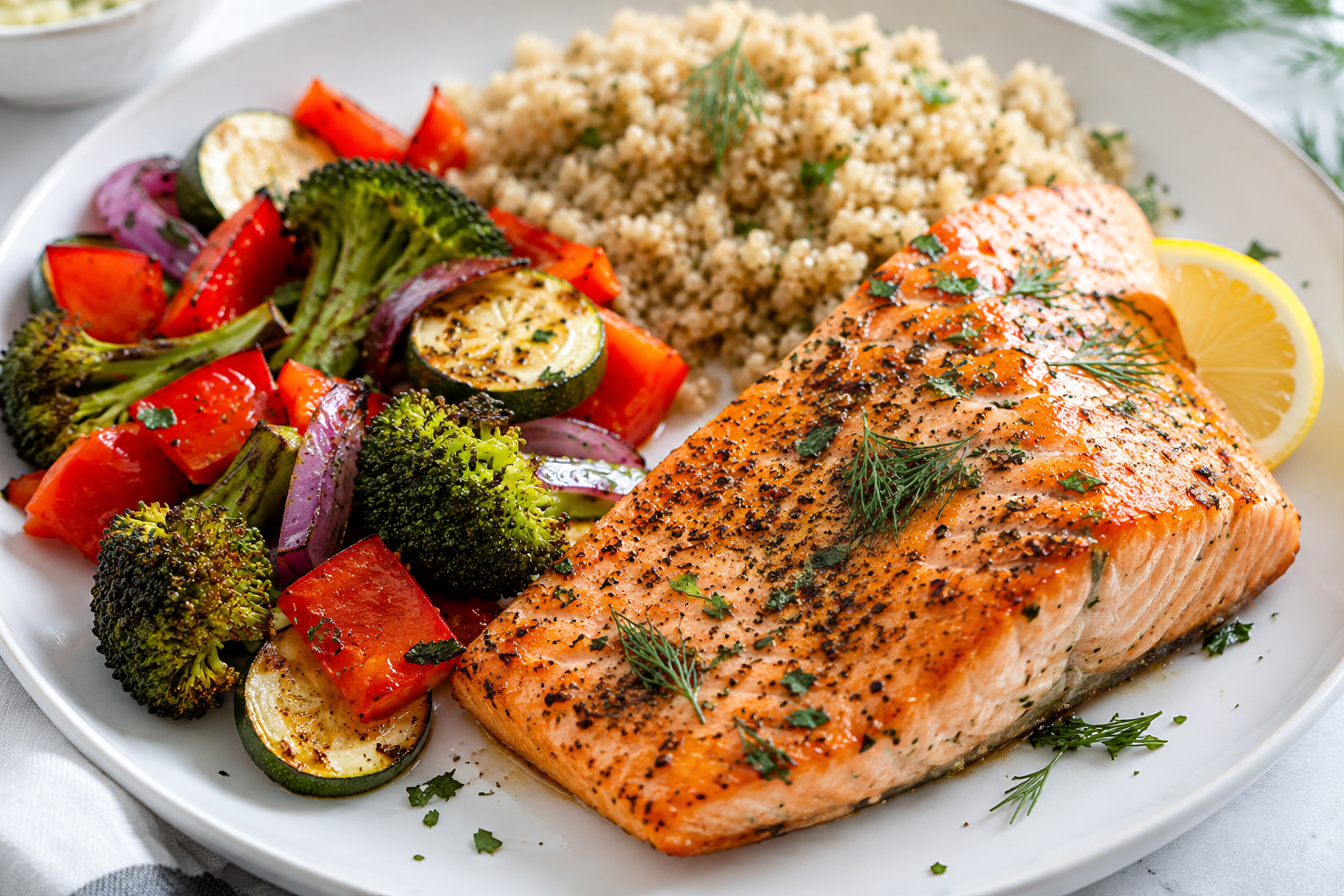 Lemon-Dill Baked Salmon with Quinoa &amp; Roasted Vegetables