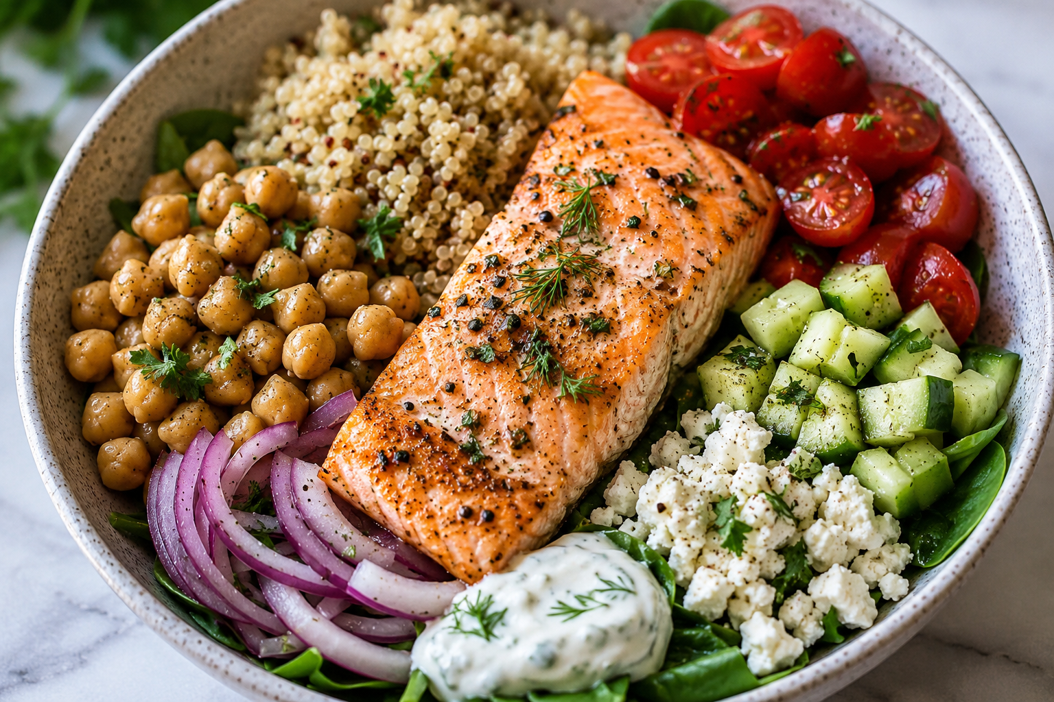 Mediterranean Chickpea &amp; Salmon Bowl