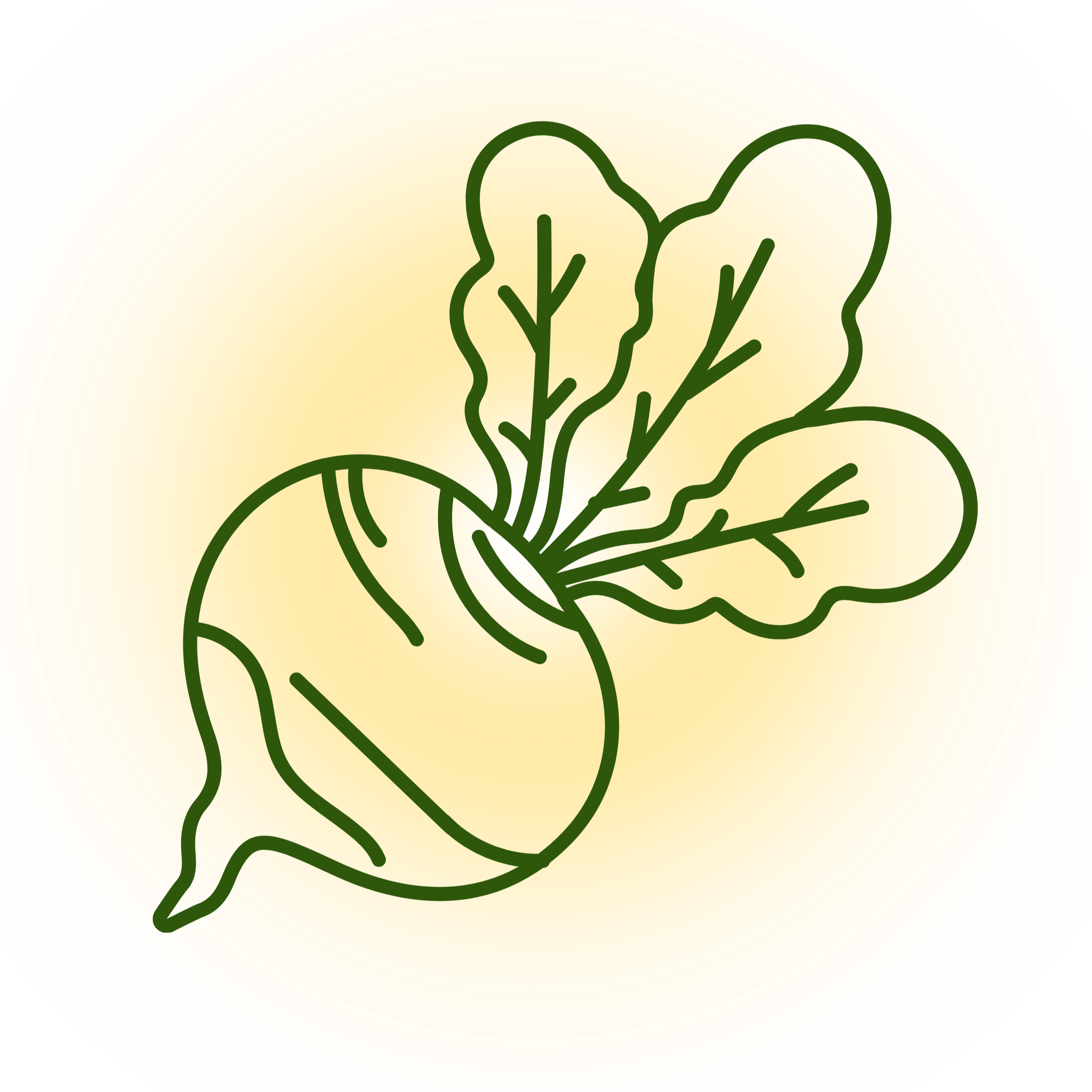 A stylized illustration of a hand gripping a leaf, set against a vibrant rainbow-colored background with concentric circles of red, orange, yellow, and green.