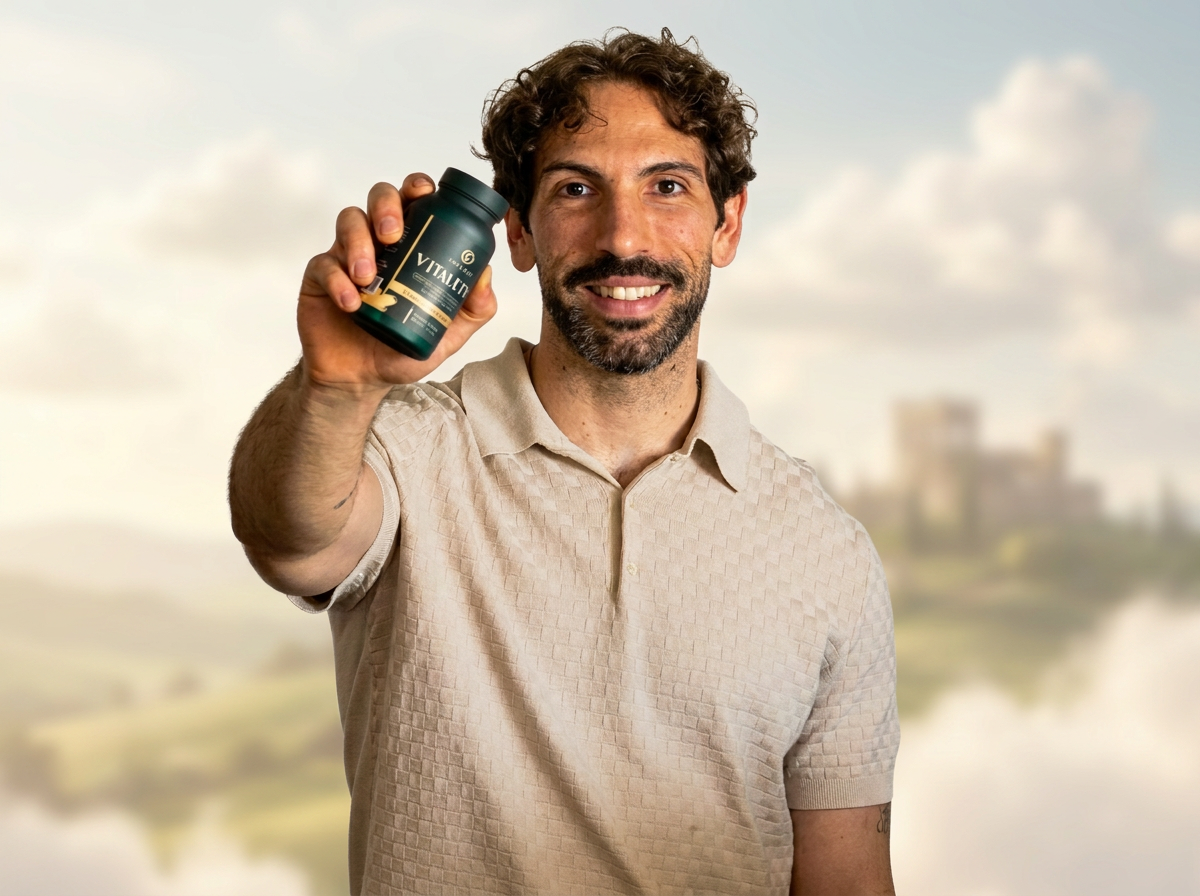 A man smiling and holding a bottle of Vitalit supplement against a blurred outdoor background with a building and sky.