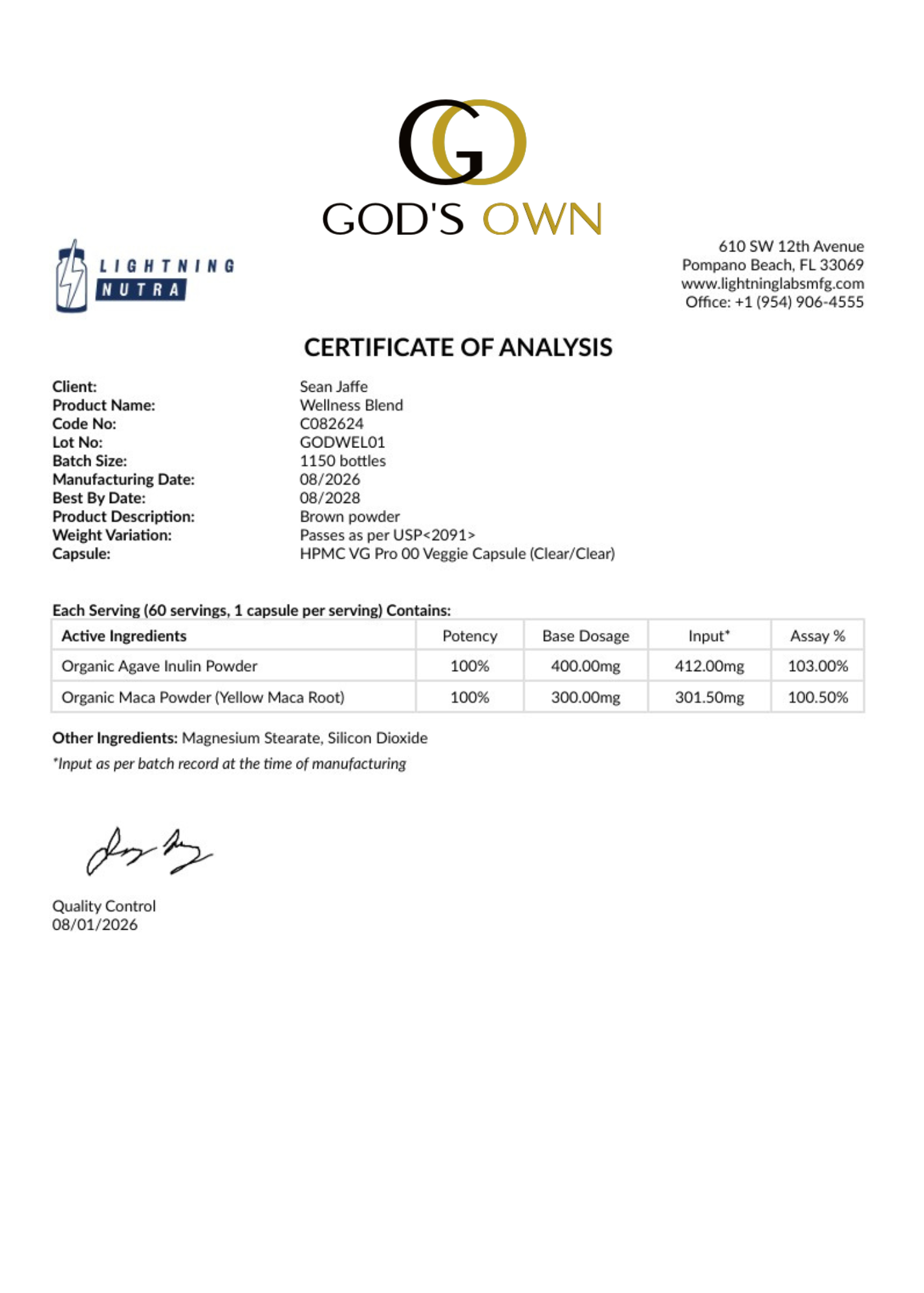 Certificate of analysis from Lightning Nutra for a product called Wellness Blend, issued to Sean Jaffe, with batch details, ingredients, and manufacturing information.