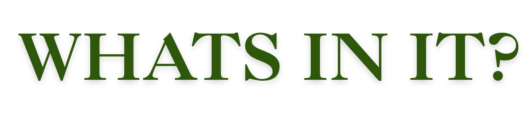 A text image with the phrase "WHAT'S IN IT?" in large green font on a black background.