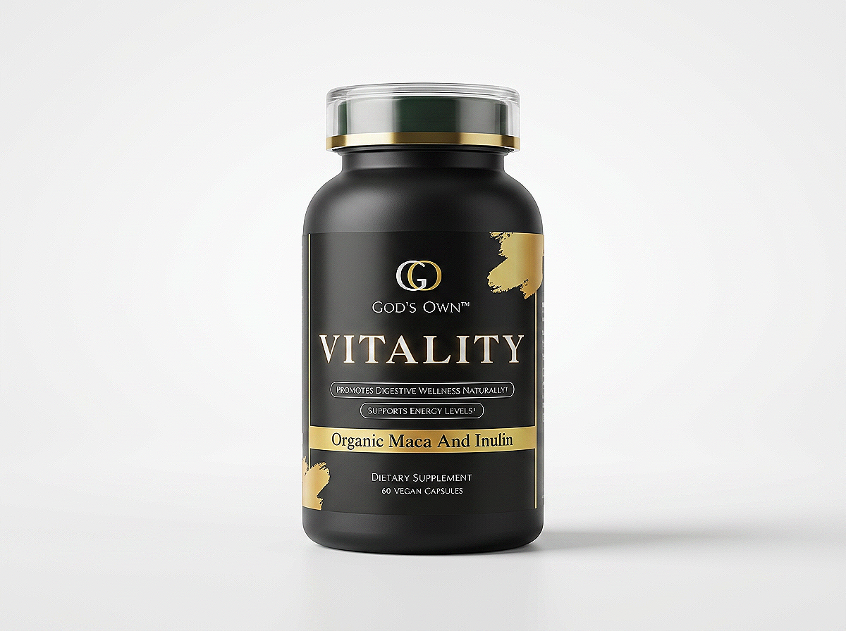 Black bottle labeled "Vitality" by God’s Own with gold accents, containing organic Maca and Inulin dietary supplement capsules.