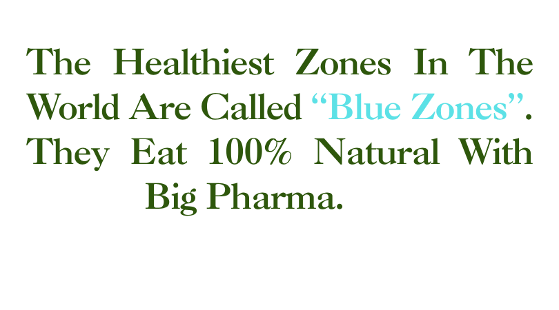 Text infographic stating that the healthiest zones in the world are called 'Blue Zones' and they eat 100% natural with zero big pharma.