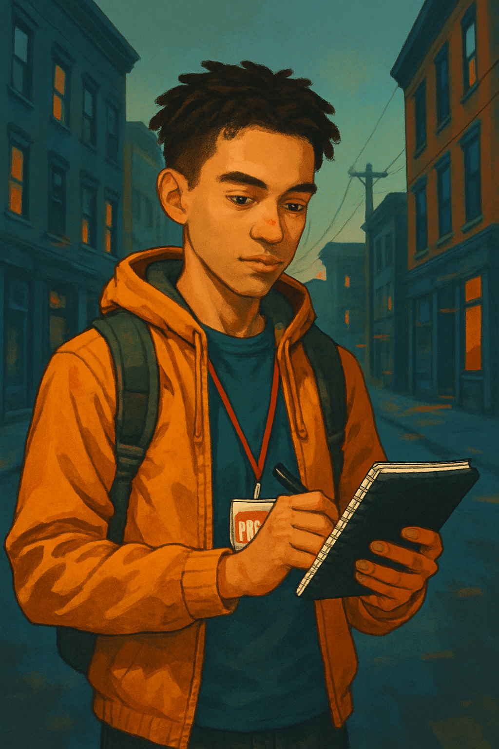A young man with short dreadlocks and tan skin, wearing an orange hoodie and carrying a backpack, is writing in a notebook on a street at dusk, with buildings and power lines in the background.