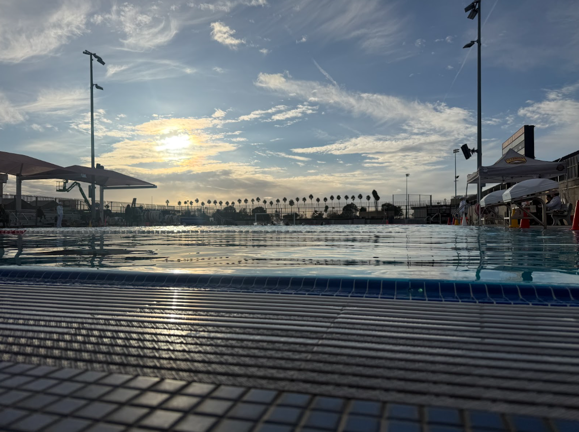 Swimming pool at sunset with palm trees in the background, poolside umbrellas, and people near the pool.