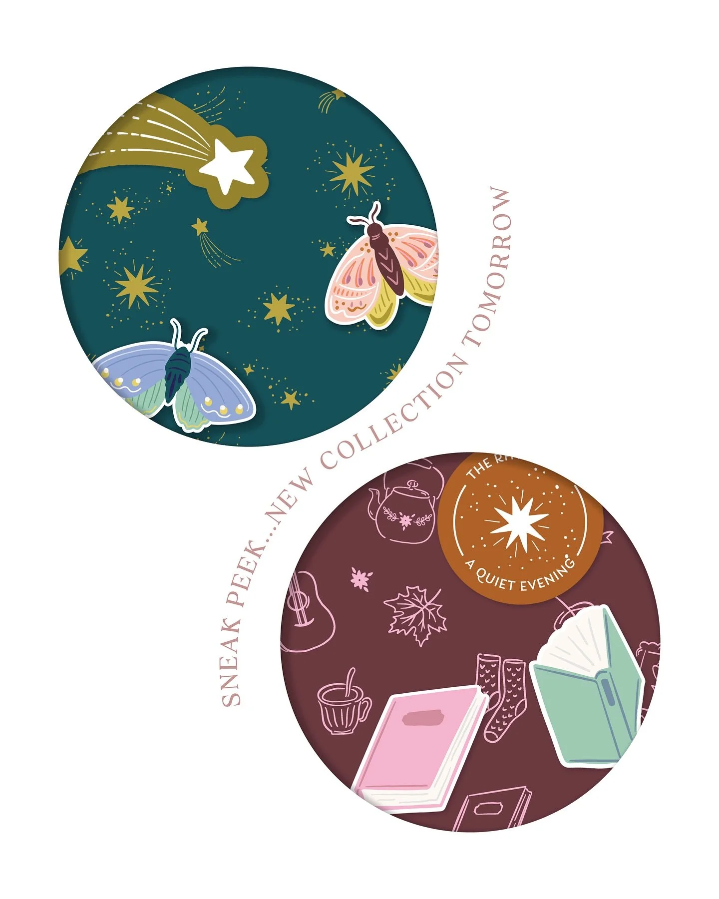 Sneak peek! My latest collection drops tomorrow at @heyscrappershop. It's all about embracing the quieter moments indoors as the evenings draw in. ✨ 💫 🦋 📚 🌖
