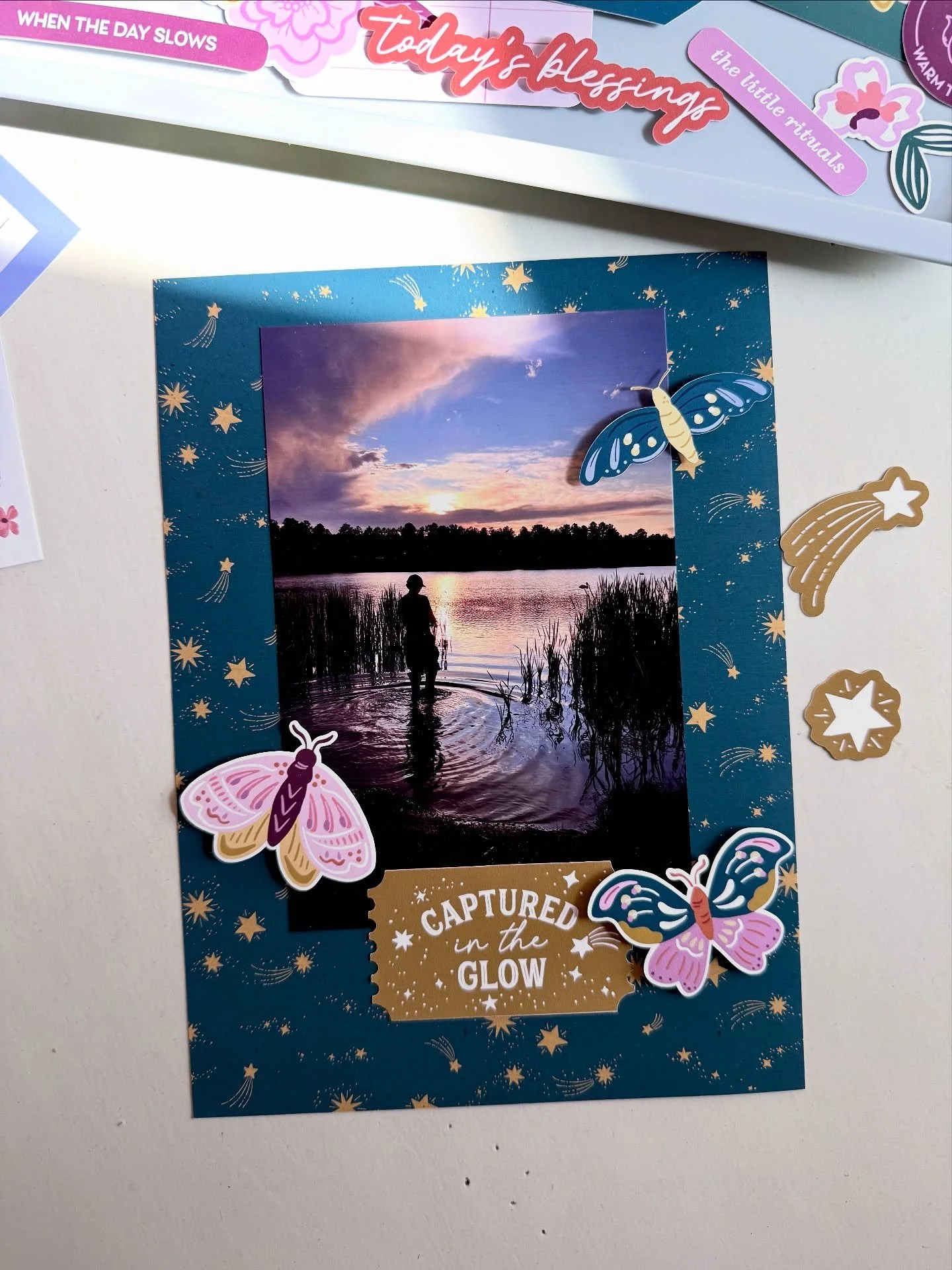 I have a new collection in the @heyscrappershop today called Settle In. Maybe you are cozying up in the early evenings with a book&hellip;or maybe escaping outside after dark. For this layout I used elements from the collection to document a late sum