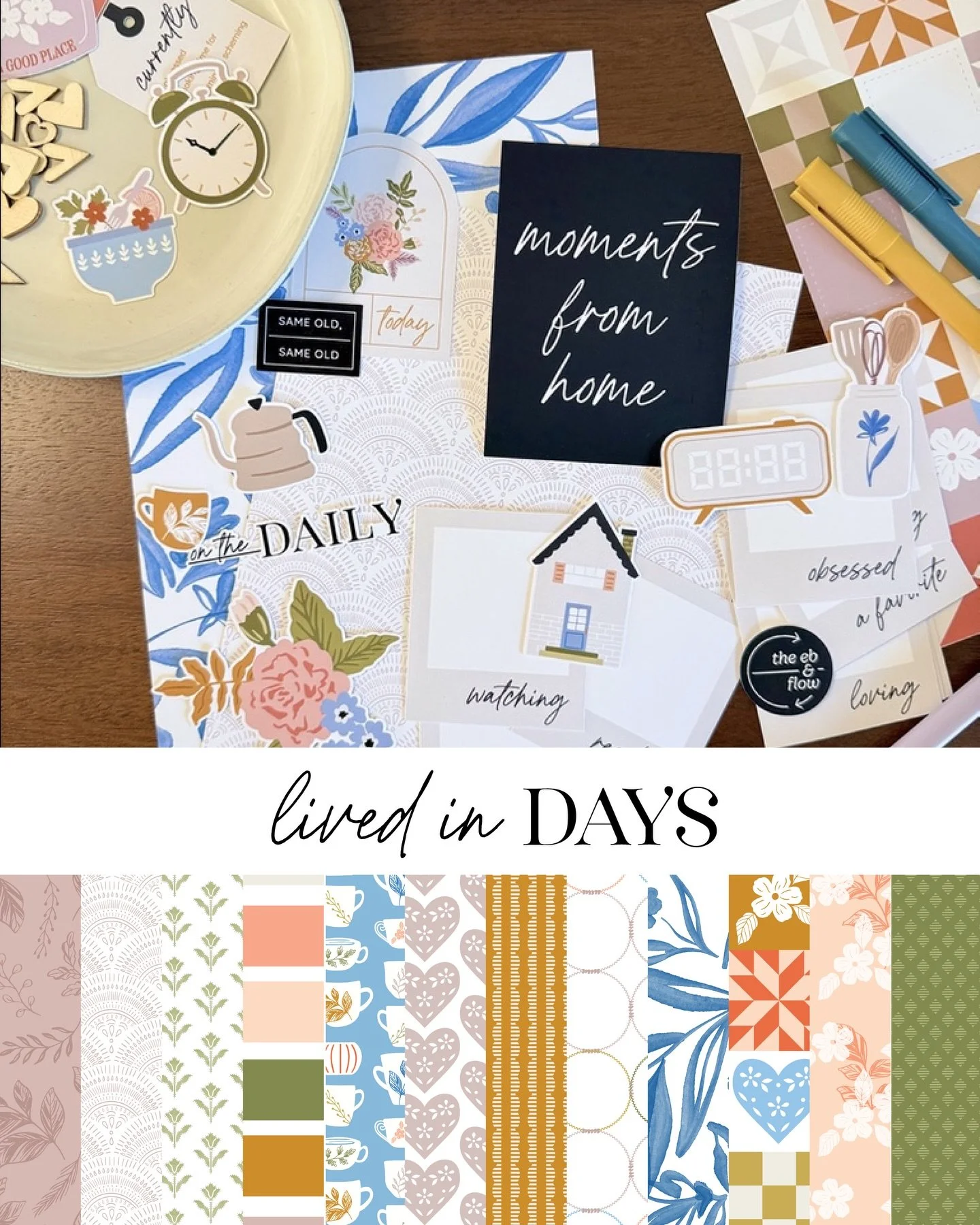 I have a new collection in the @heyscrappershop today, Lived In Days. It&rsquo;s full of home motifs, photo frames, stacks of mugs, clocks, coffee, and other everyday elements. It&rsquo;s 20% off through this weekend. And it&rsquo;s perfect if you ar