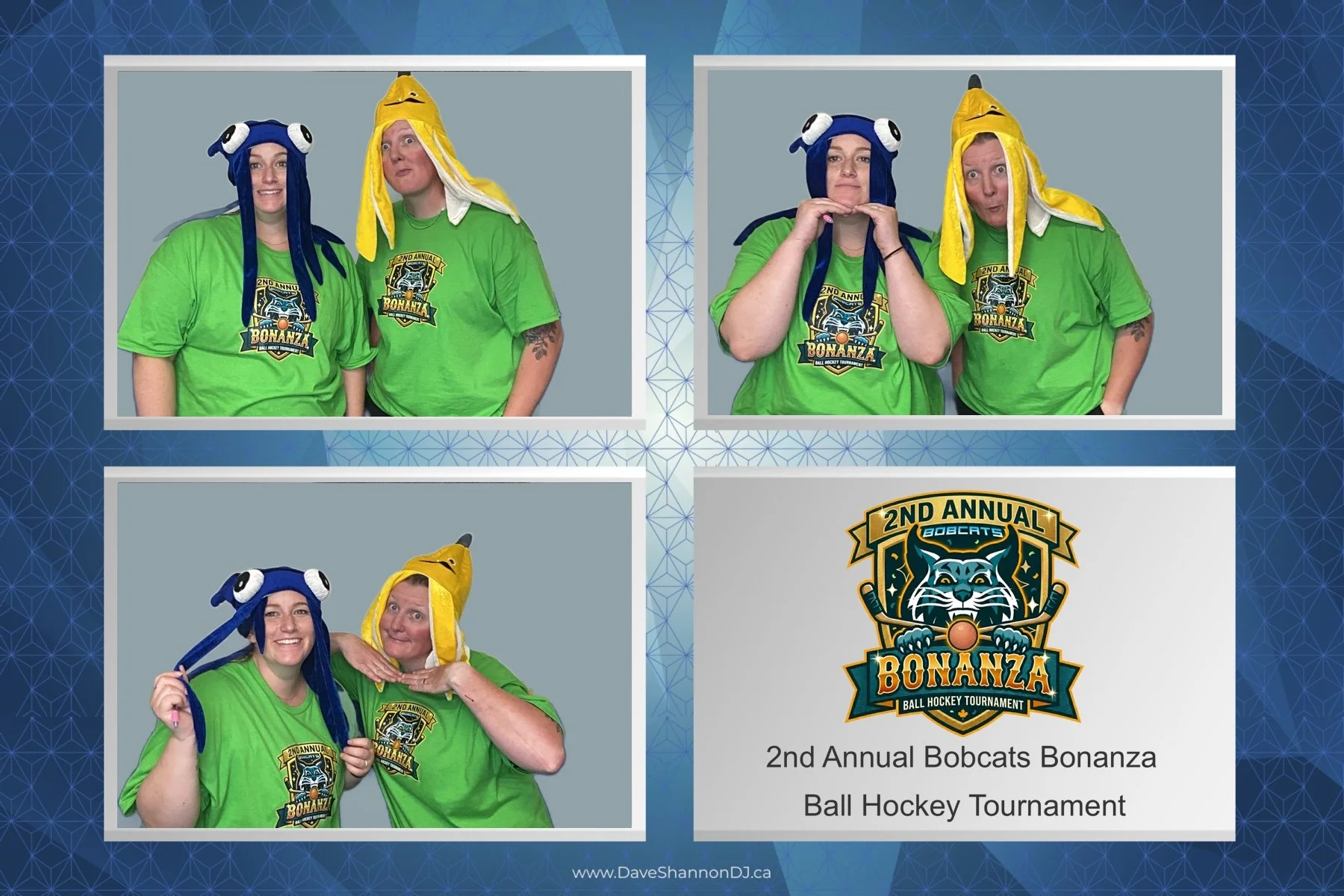 Four people in green shirts and colorful animal hats posing for photos at the 2nd Annual Bobcats Bonanza Ball Hockey Tournament. The background has a blue pattern and a logo with a bobcat head and hockey sticks