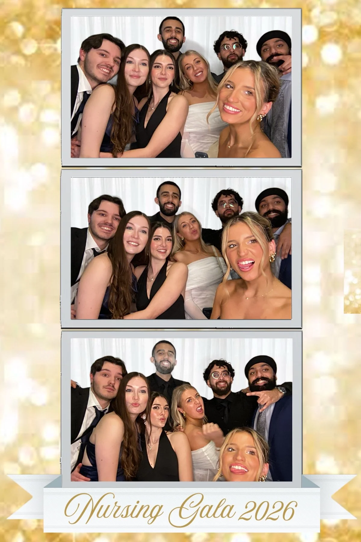A photo booth strip featuring three photos of a group of eight diverse, young adults dressed for a formal event. The background is a white curtain, and the bottom banner reads "Nursing Gala 2026" in elegant gold script.