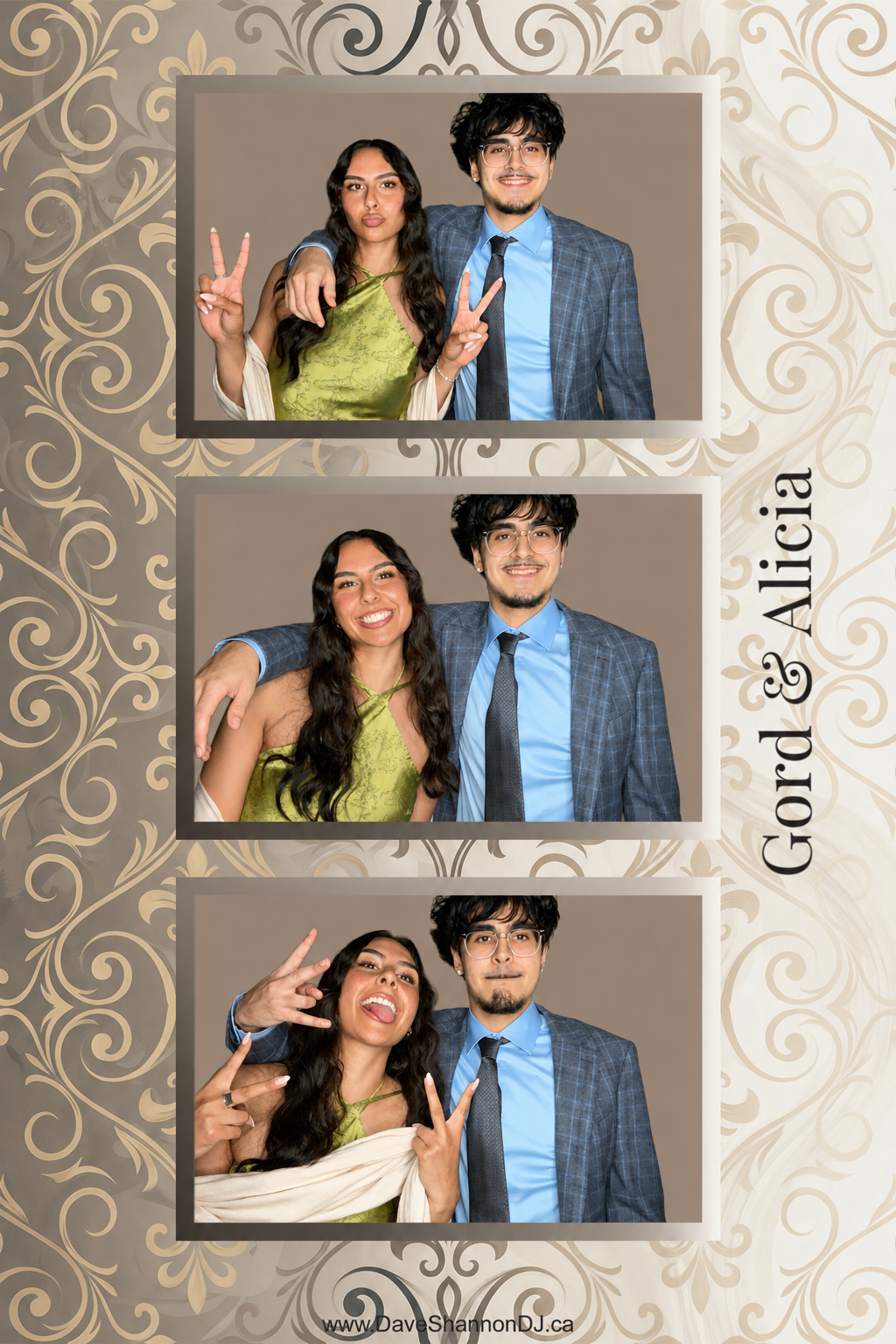 Three photo booth images of a couple, a woman and a man, smiling and making peace signs, at a wedding with a decorative background and the text 'Gord & Alicia' on the side.