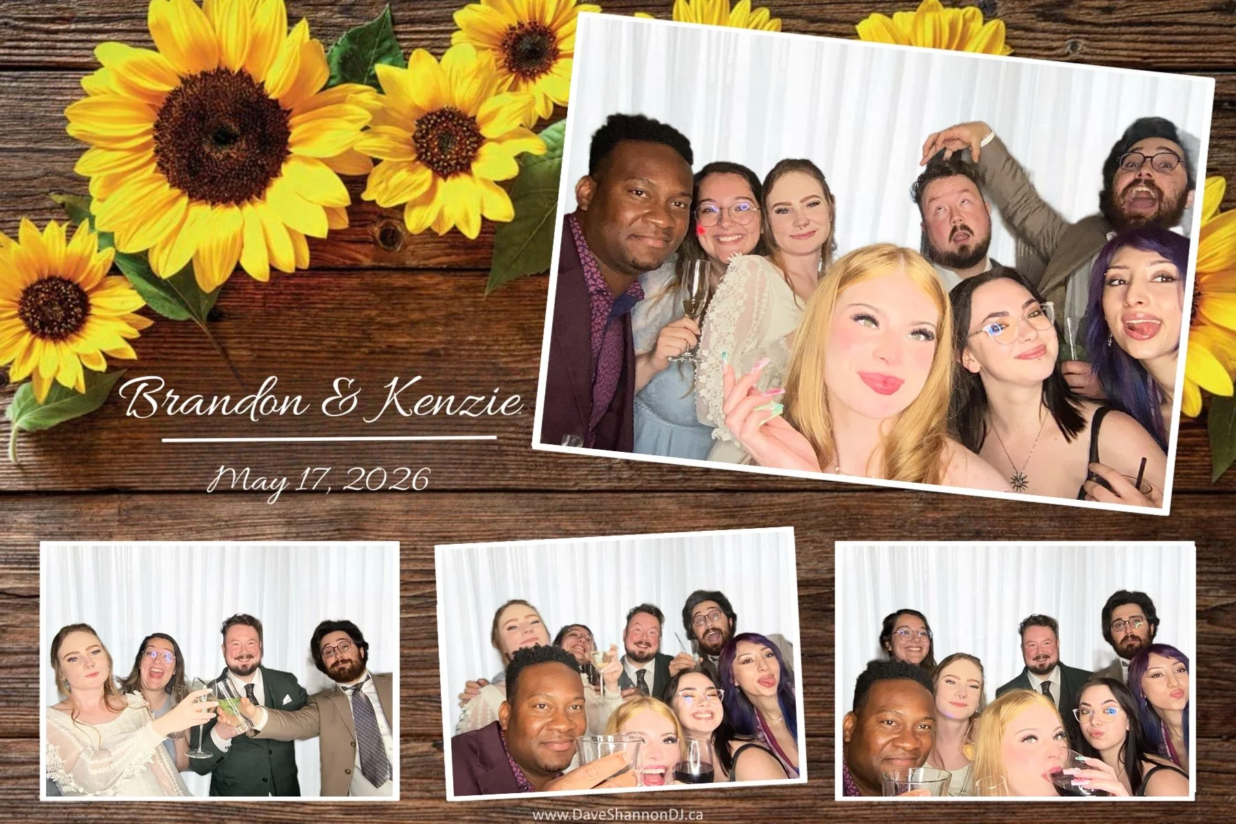 A wedding photo collage on a wooden background with sunflower decorations. The main photo features a group of people at a wedding, smiling and holding drinks. The images are set with white backdrop.