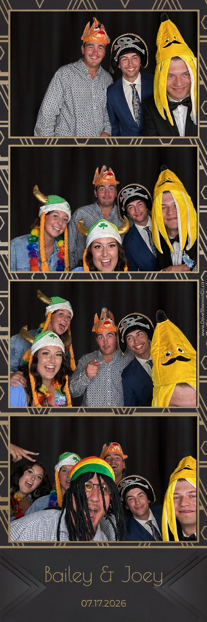 Group of five friends wearing costumes and silly hats in a photo booth at a wedding, with the names Bailey and Joey and the date July 17, 2026.
