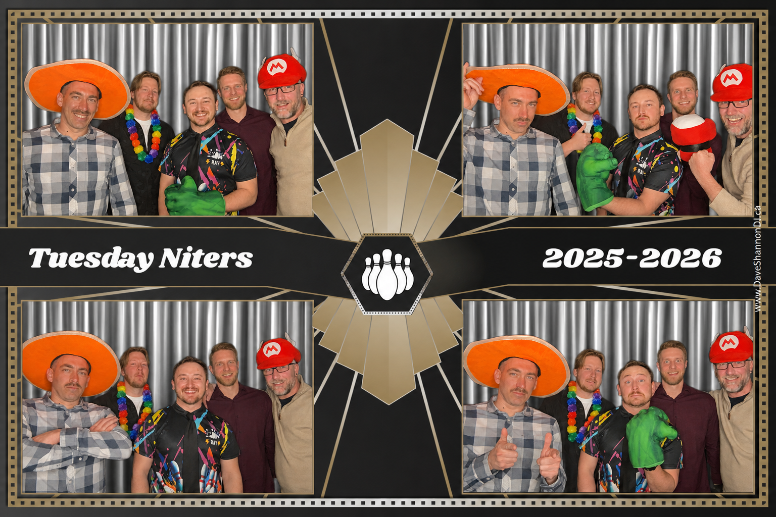 Group of five men dressed in party costumes, including large hats, colorful leis,  and a Hulk glove, posing in photo booth pictures with metallic curtains background, labeled "Tuesday Niters 2025-2026" with a bowling ball and pins icon in the center.