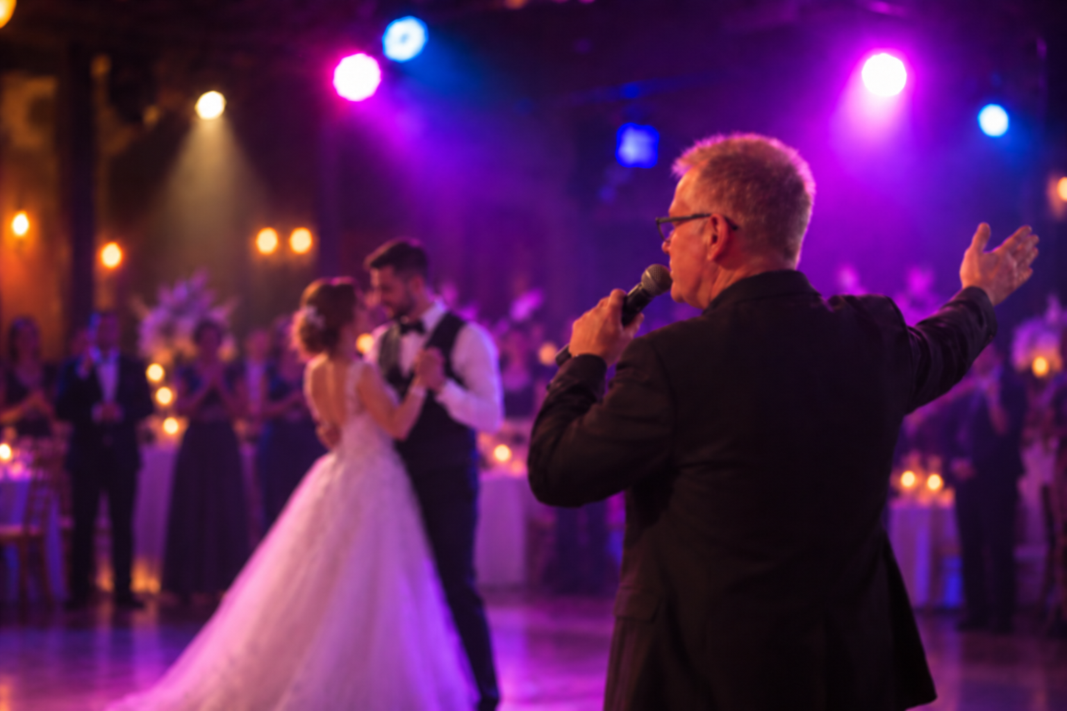 Dave announcing couple's first dance.