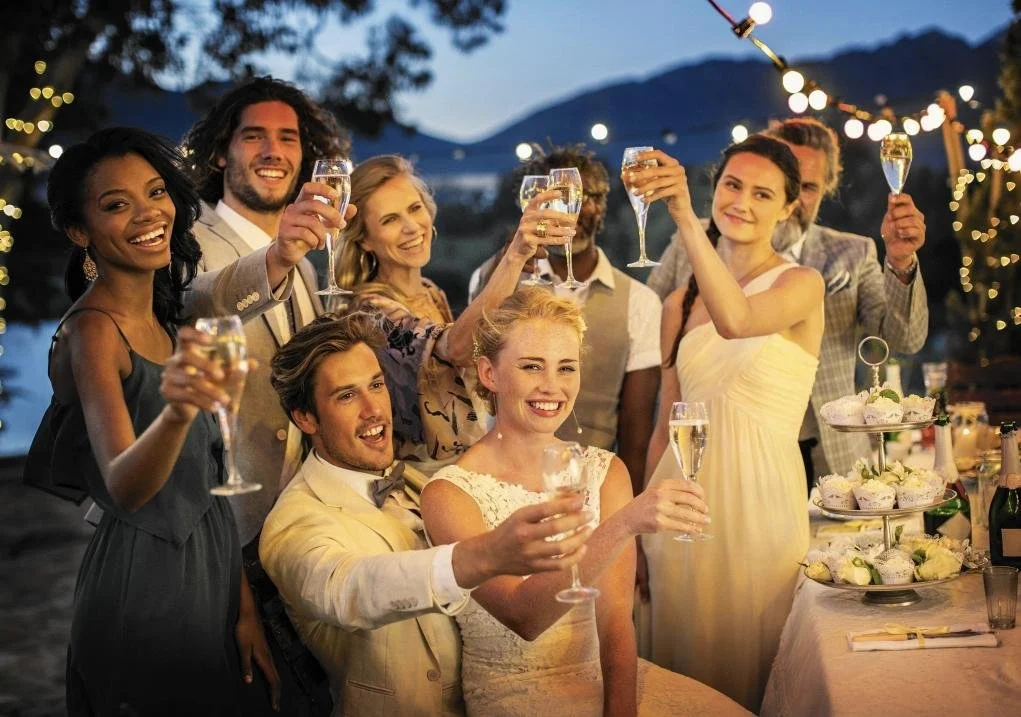 Wedding couple with their friends raising their glasses of champagne.