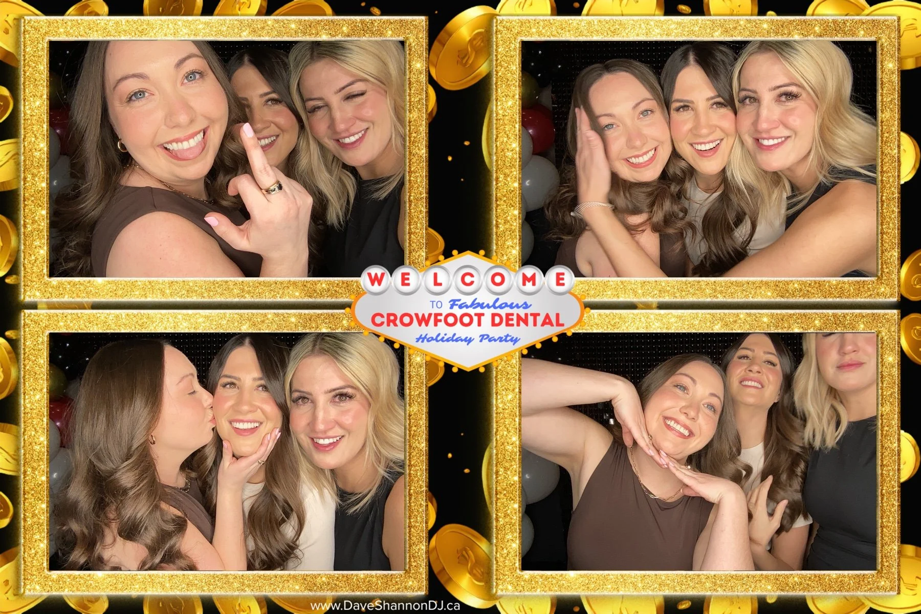 Three women taking festive photos at a holiday party with a gold and black background and balloons. The sign reads "Welcome to Fabulous Crowfoot Dental Holiday Party."